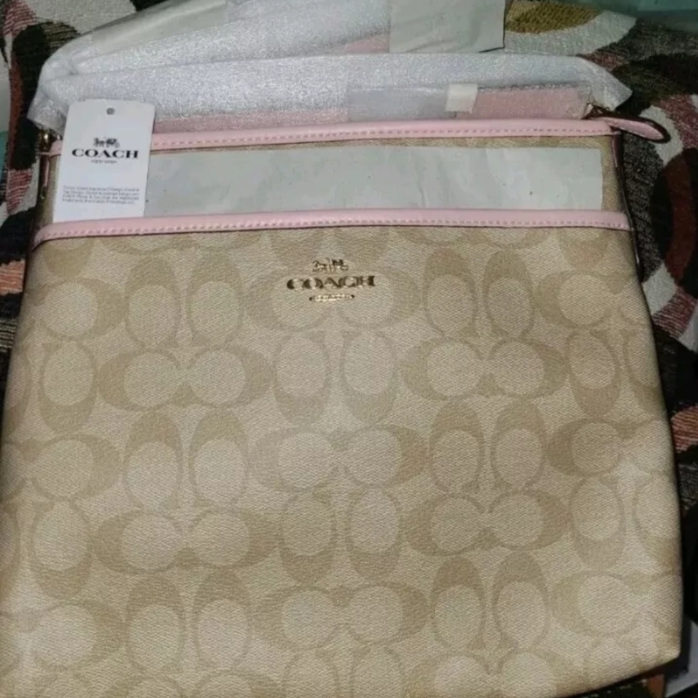 ☆Coach☆ Signature Khaki & Pink File Crossbody Bag. **Authentic**